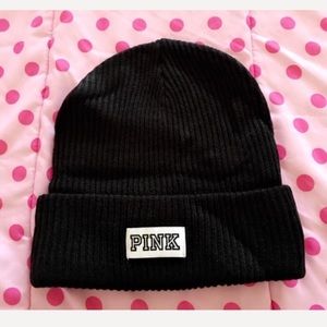 Pink beanie hat.